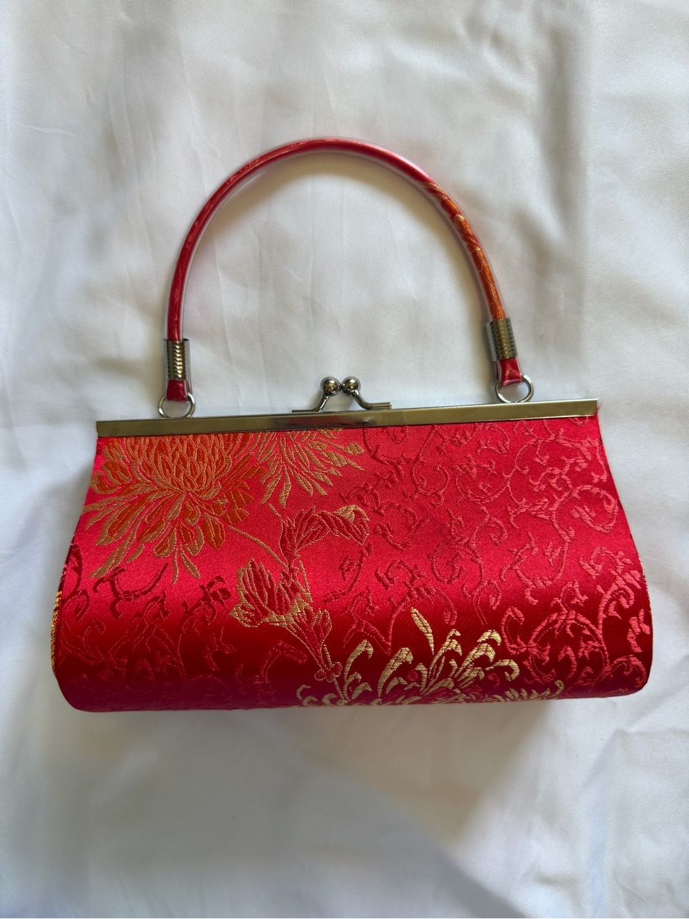 Chinese Red Silk Brocade Floral Kiss-Lock Handbag